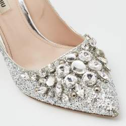 Miu Miu Silver Studded Glitter Crystal Embellished Pointed-Toe Pumps Size 39