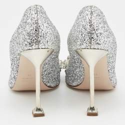 Miu Miu Silver Studded Glitter Crystal Embellished Pointed-Toe Pumps Size 39