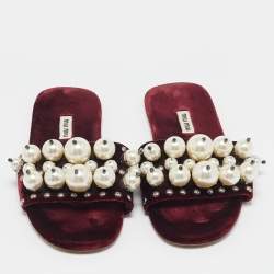 Miu Miu Burgundy Velvet Pearl Embellished Flat Slides Size 38