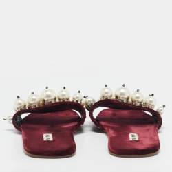 Miu Miu Burgundy Velvet Pearl Embellished Flat Slides Size 38