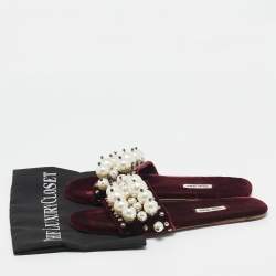 Miu Miu Burgundy Velvet Pearl Embellished Flat Slides Size 38