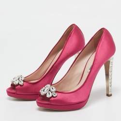 Miu Miu Pink Satin Jewel Embellished Peep Toe Pumps Size 39