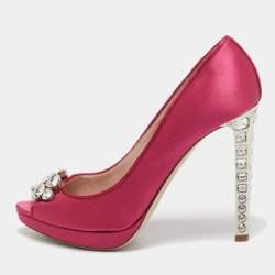 Miu Miu Pink Satin Jewel Embellished Peep Toe Pumps Size 39
