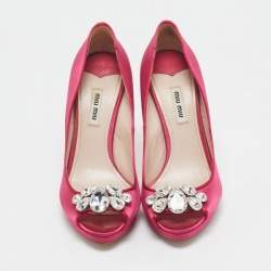 Miu Miu Pink Satin Jewel Embellished Peep Toe Pumps Size 39