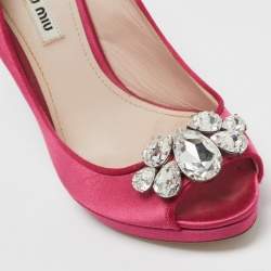 Miu Miu Pink Satin Jewel Embellished Peep Toe Pumps Size 39