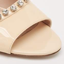 Miu Miu Beige Patent Leather Crystal Embellished Open Toe Mules Size 36
