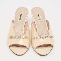 Miu Miu Beige Patent Leather Crystal Embellished Open Toe Mules Size 36