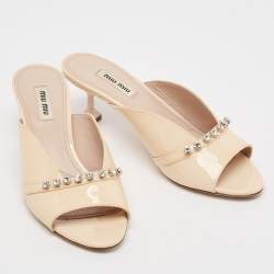 Miu Miu Beige Patent Leather Crystal Embellished Open Toe Mules Size 36
