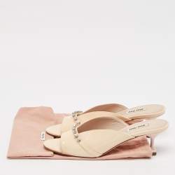 Miu Miu Beige Patent Leather Crystal Embellished Open Toe Mules Size 36