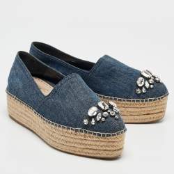 Miu Miu Blue Denim Crystal Embellished Platform Espadrille Flats Size 40