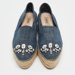 Miu Miu Blue Denim Crystal Embellished Platform Espadrille Flats Size 40