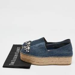 Miu Miu Blue Denim Crystal Embellished Platform Espadrille Flats Size 40