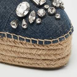 Miu Miu Blue Denim Crystal Embellished Platform Espadrille Flats Size 40