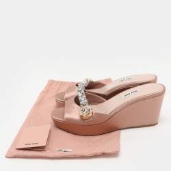 Miu Miu Nude Pink Satin Crystal Embellished Wedge Platform Slide Sandals Size 38.5