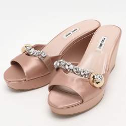Miu Miu Nude Pink Satin Crystal Embellished Wedge Platform Slide Sandals Size 38.5