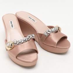 Miu Miu Nude Pink Satin Crystal Embellished Wedge Platform Slide Sandals Size 38.5
