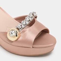 Miu Miu Nude Pink Satin Crystal Embellished Wedge Platform Slide Sandals Size 38.5