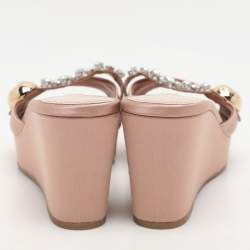 Miu Miu Nude Pink Satin Crystal Embellished Wedge Platform Slide Sandals Size 38.5
