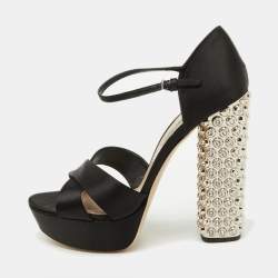 Miu Miu Black Satin T-Strap Crystal Embellished Heel Platform Sandals Size 39