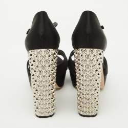 Miu Miu Black Satin T-Strap Crystal Embellished Heel Platform Sandals Size 39