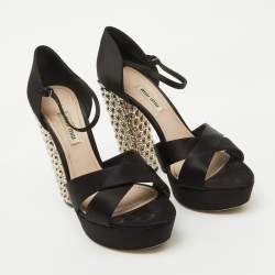 Miu Miu Black Satin T-Strap Crystal Embellished Heel Platform Sandals Size 39