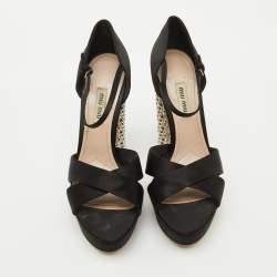 Miu Miu Black Satin T-Strap Crystal Embellished Heel Platform Sandals Size 39
