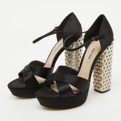 Miu Miu Black Satin T-Strap Crystal Embellished Heel Platform Sandals Size 39