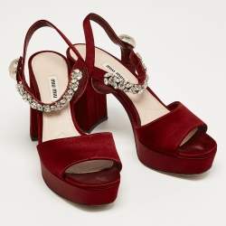 Miu Miu Burgundy Satin Crystal Embellished Platform Sandals Size 39