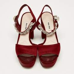 Miu Miu Burgundy Satin Crystal Embellished Platform Sandals Size 39