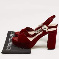 Miu Miu Burgundy Satin Crystal Embellished Platform Sandals Size 39