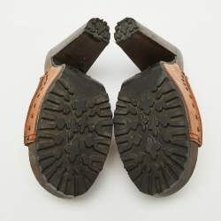 Pre Owned Miu Miu Tan Floral Embossed Leather Wooden Clog Slide Platform Sandals Size 41