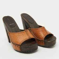 Pre Owned Miu Miu Tan Floral Embossed Leather Wooden Clog Slide Platform Sandals Size 41