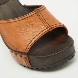 Pre Owned Miu Miu Tan Floral Embossed Leather Wooden Clog Slide Platform Sandals Size 41