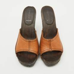 Pre Owned Miu Miu Tan Floral Embossed Leather Wooden Clog Slide Platform Sandals Size 41
