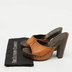 Pre Owned Miu Miu Tan Floral Embossed Leather Wooden Clog Slide Platform Sandals Size 41
