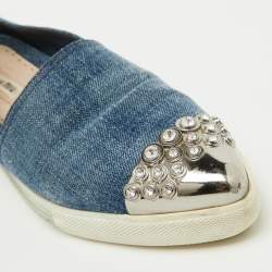 Miu Miu Blue Denim Crystal Embellished Cap Toe Slip On Sneakers Size 37