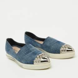 Miu Miu Blue Denim Crystal Embellished Cap Toe Slip On Sneakers Size 37