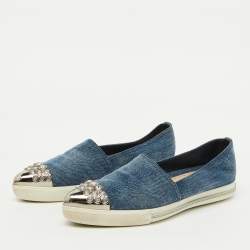 Miu Miu Blue Denim Crystal Embellished Cap Toe Slip On Sneakers Size 37