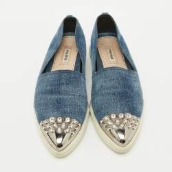 Miu Miu Blue Denim Crystal Embellished Cap Toe Slip On Sneakers Size 37
