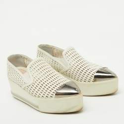 Miu Miu White Perforated Leather Metal Cap Toe Slip On Sneakers Size 37.5