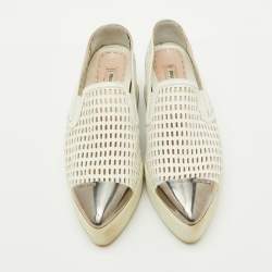 Miu Miu White Perforated Leather Metal Cap Toe Slip On Sneakers Size 37.5
