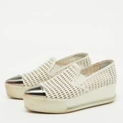 Miu Miu White Perforated Leather Metal Cap Toe Slip On Sneakers Size 37.5