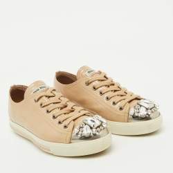 Miu Miu Beige Patent Leather Cap Toe Crystal Embellished Low Top Sneakers Size 37.5