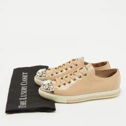 Miu Miu Beige Patent Leather Cap Toe Crystal Embellished Low Top Sneakers Size 37.5