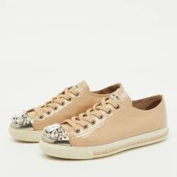 Miu Miu Beige Patent Leather Cap Toe Crystal Embellished Low Top Sneakers Size 37.5