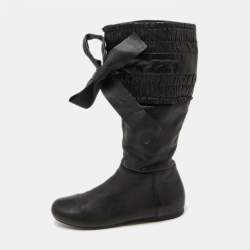 Miu Miu Black Leather Gathered Bow Calf Length Boots Size 37