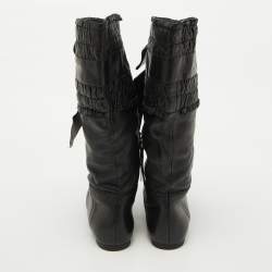 Miu Miu Black Leather Gathered Bow Calf Length Boots Size 37