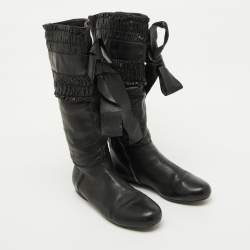 Miu Miu Black Leather Gathered Bow Calf Length Boots Size 37