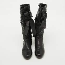 Miu Miu Black Leather Gathered Bow Calf Length Boots Size 37