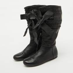 Miu Miu Black Leather Gathered Bow Calf Length Boots Size 37